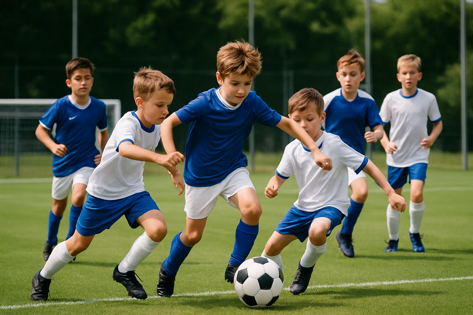 Kids playing soccer on a real soccer field while wearing blue and white jerseys